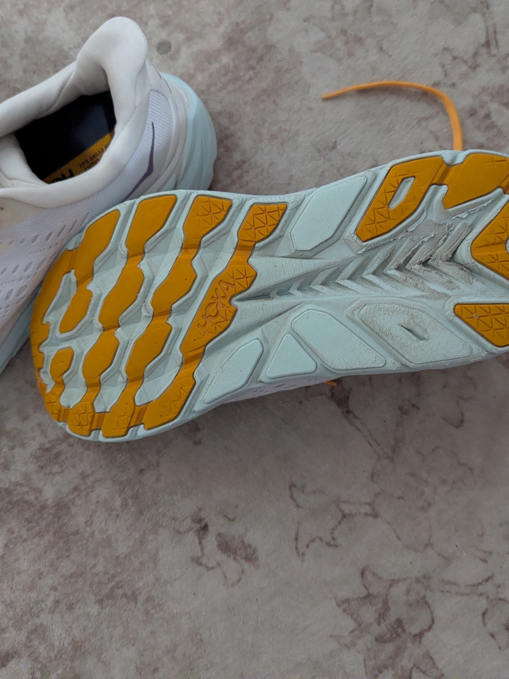 Hoka One One Women's White Running Shoes with Yellow Laces - Picture 3 of 5